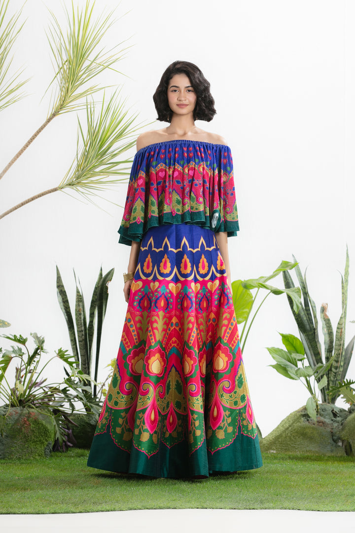 BLUE AND PINK PRINTED CIRCULAR TOP AND SKIRT-Kaftan-Siddhartha Bansal