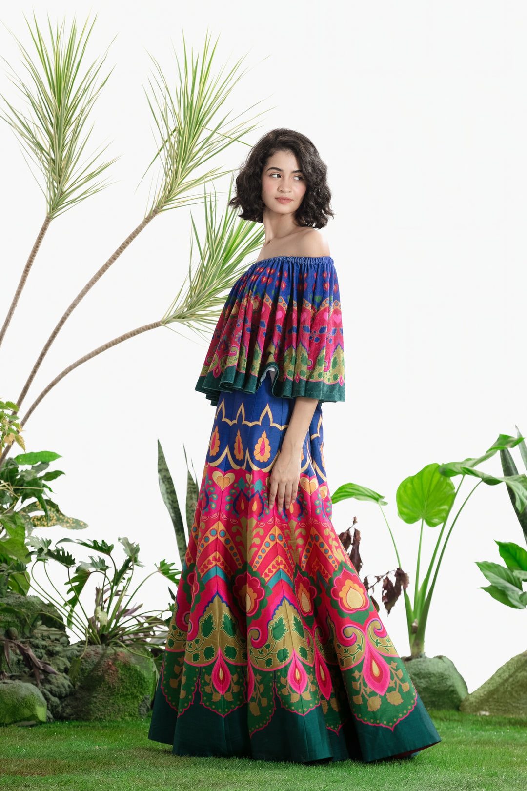 BLUE AND PINK PRINTED CIRCULAR TOP AND SKIRT-Kaftan-Siddhartha Bansal
