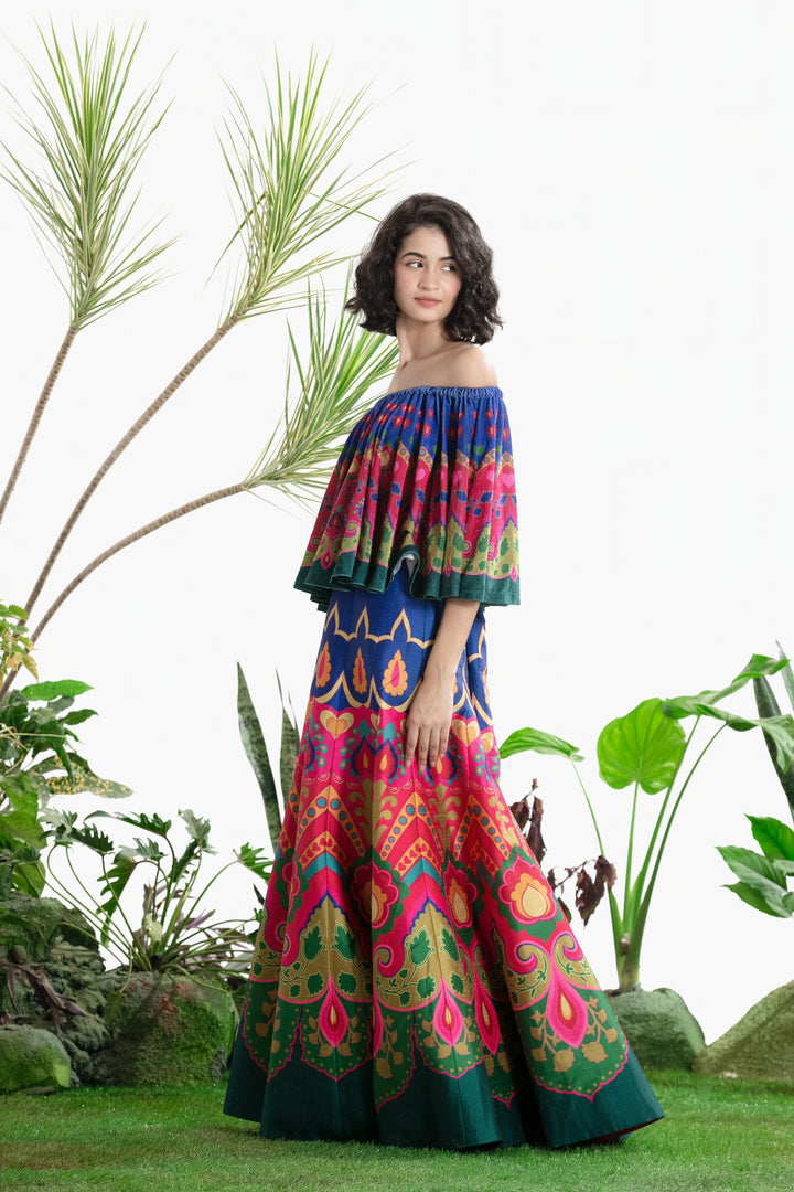 BLUE AND PINK PRINTED CIRCULAR TOP AND SKIRT-Kaftan-Siddhartha Bansal