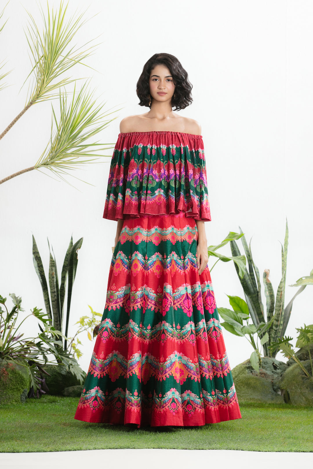 RED AND GREEN PRINTED CIRCULAR TOP AND SKIRT-Kaftan-Siddhartha Bansal