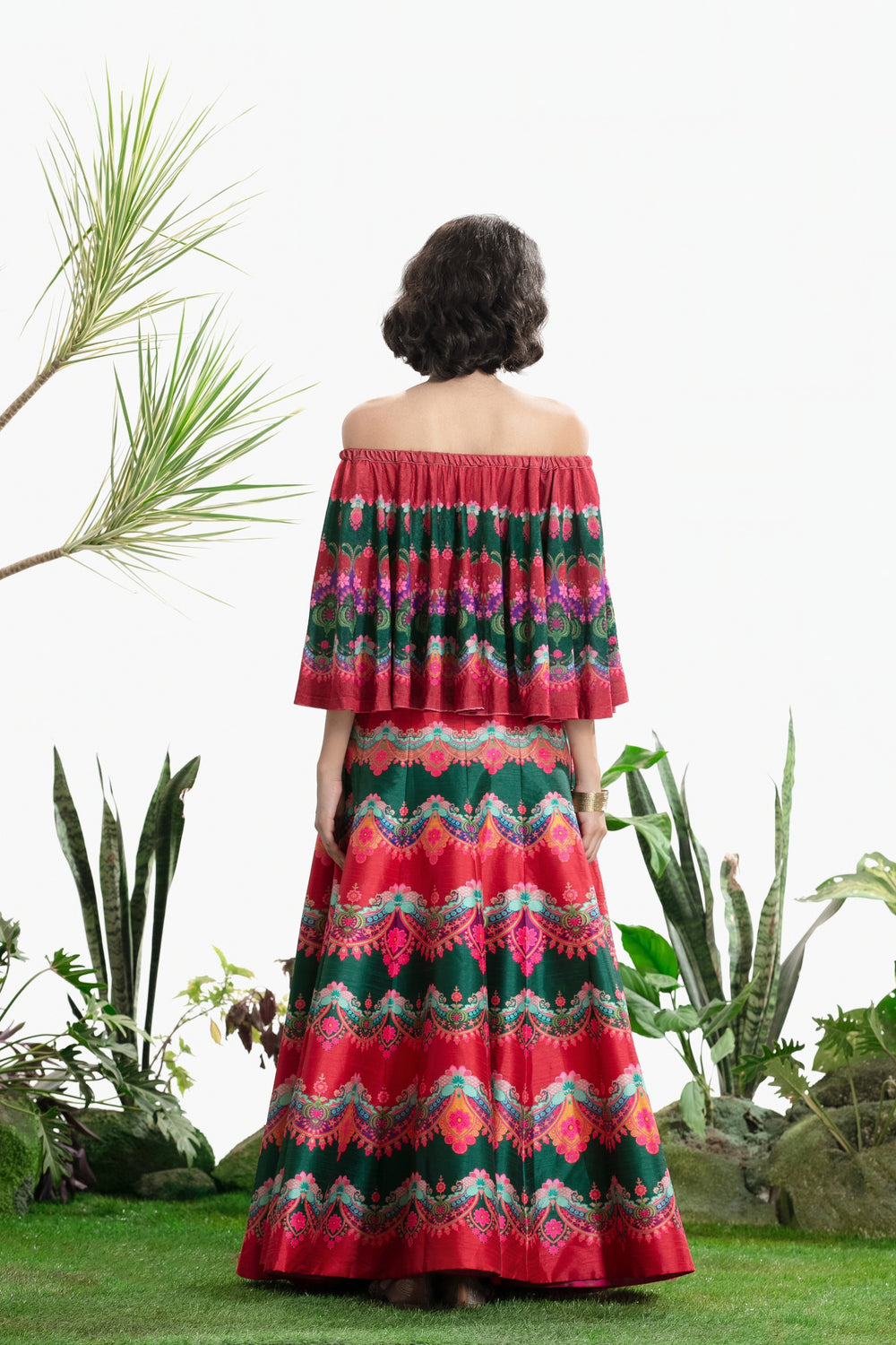 RED AND GREEN PRINTED CIRCULAR TOP AND SKIRT-Kaftan-Siddhartha Bansal