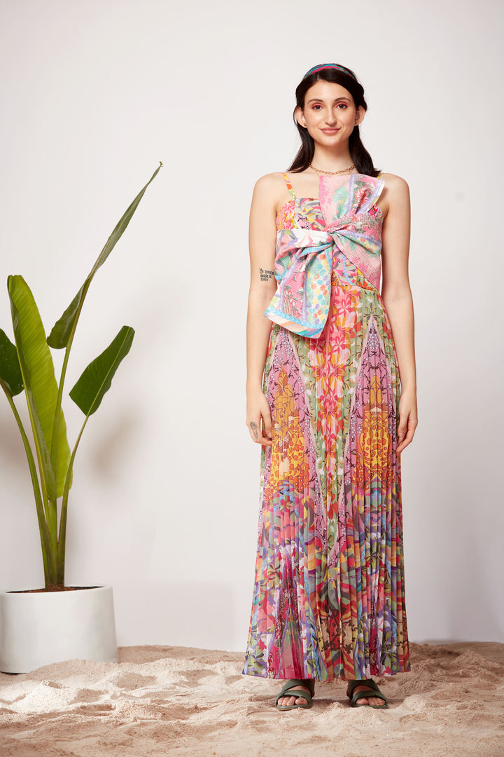 Mix Print Front Bow Sunray Pleated Dress-Siddhartha Bansal
