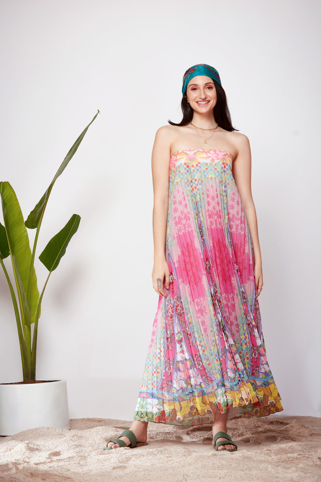 Mix Print Sunray Pleats Tube Dress-Siddhartha Bansal