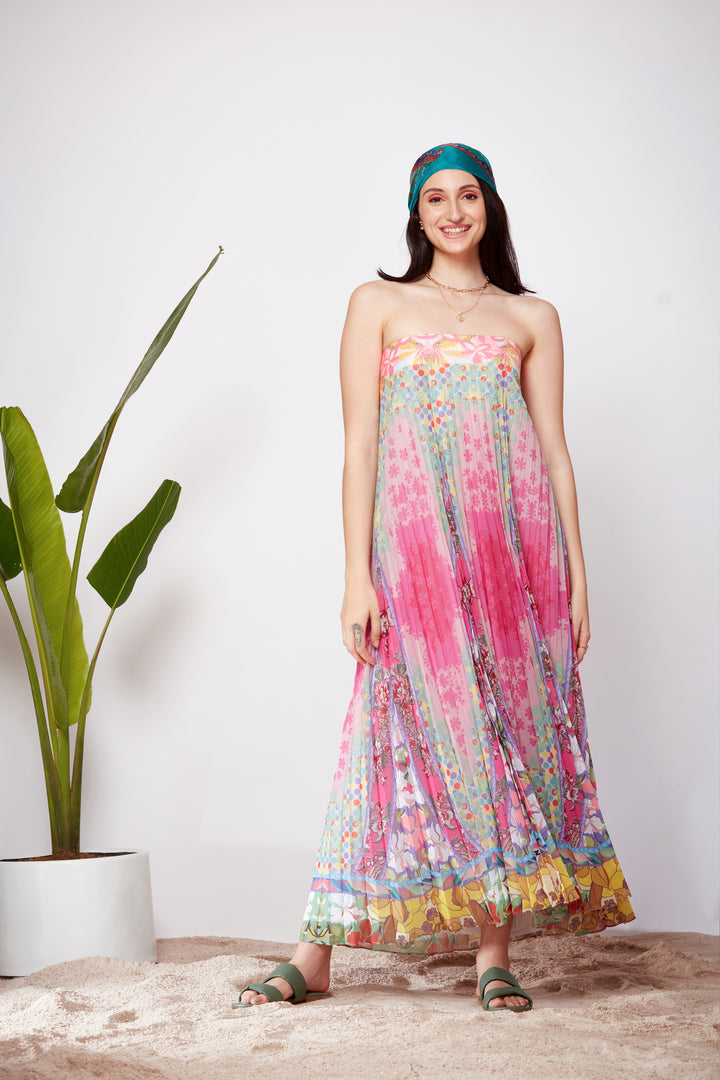 Mix Print Sunray Pleats Tube Dress-Siddhartha Bansal