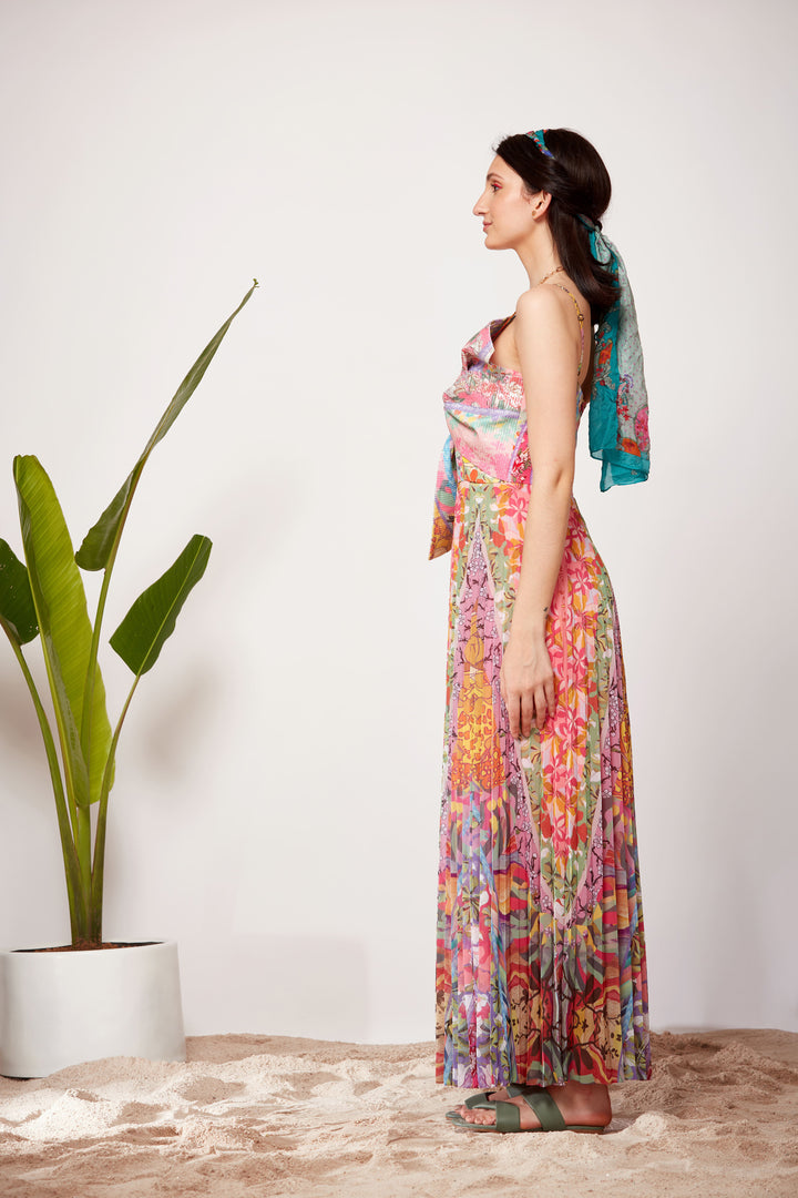 Mix Print Front Bow Sunray Pleated Dress-Siddhartha Bansal