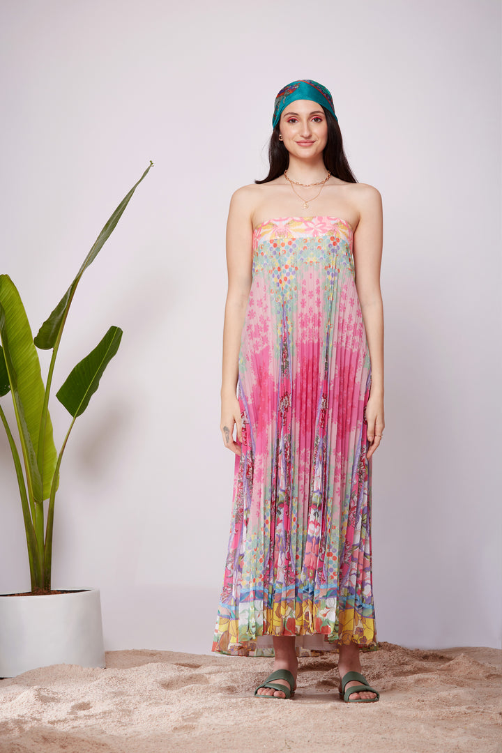 Mix Print Sunray Pleats Tube Dress-Siddhartha Bansal