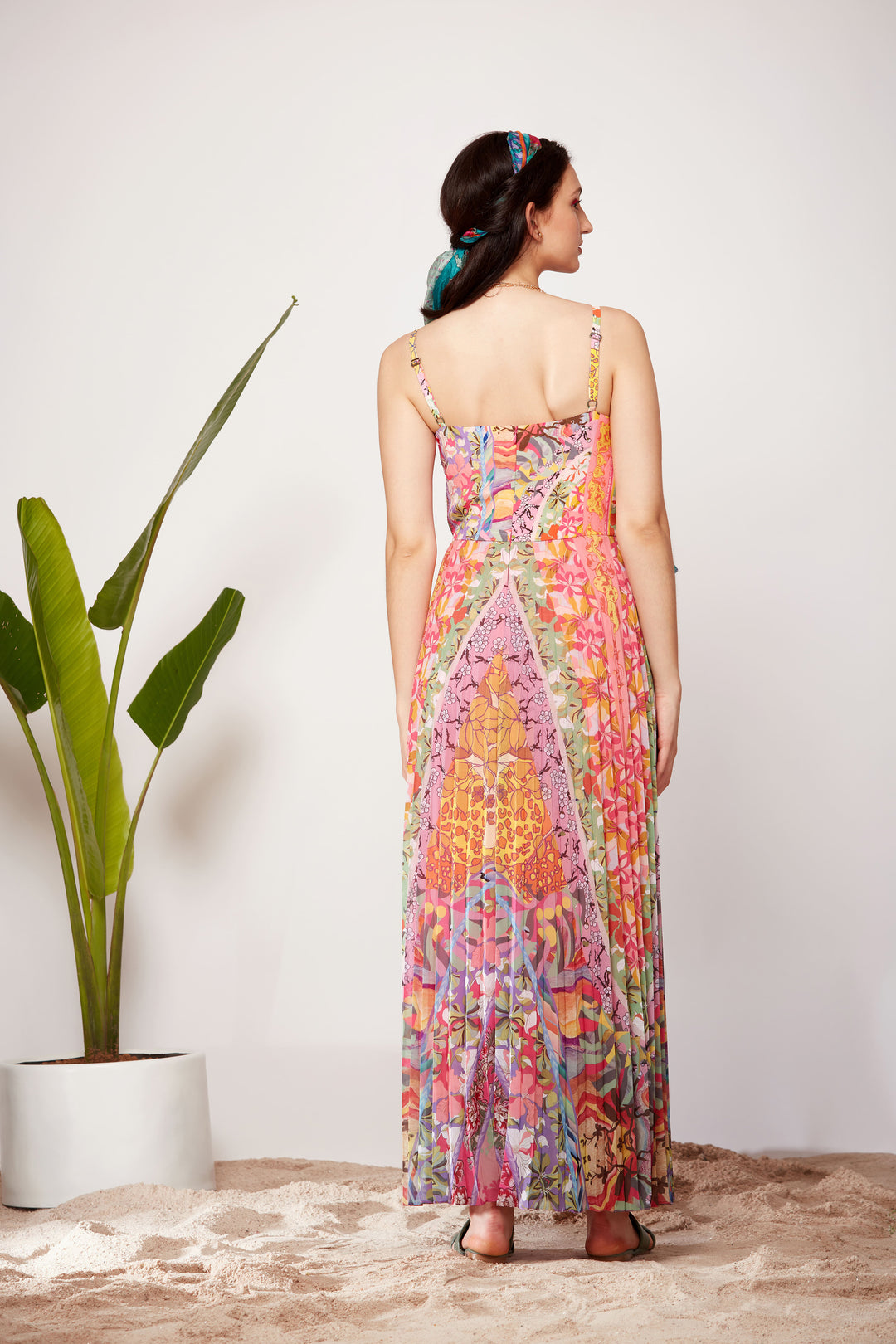 Mix Print Front Bow Sunray Pleated Dress-Siddhartha Bansal