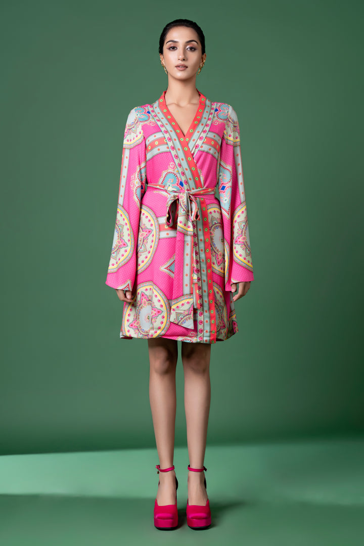 Pink Wrap Dress With Belt-Siddhartha Bansal