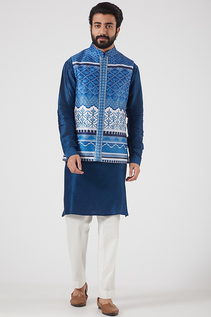 Oriental Blue Stripe Tone On Tone Nehru Jacket-Mens Wear-Siddhartha Bansal