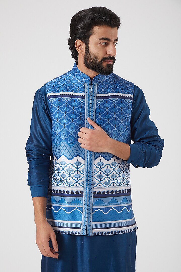 Oriental Blue Stripe Tone On Tone Nehru Jacket-Mens Wear-Siddhartha Bansal