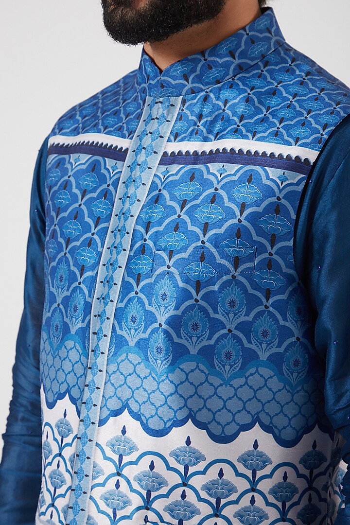 Oriental Blue Stripe Tone On Tone Nehru Jacket-Mens Wear-Siddhartha Bansal