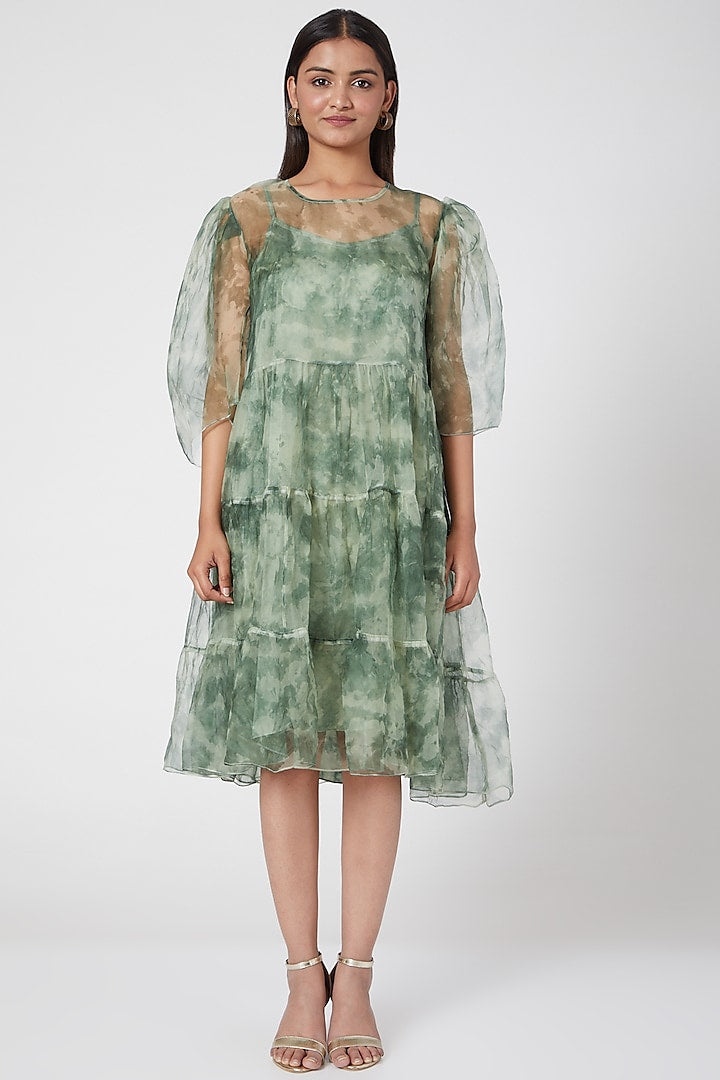 Green Dye Bow Organza Dress With Slip-Siddhartha Bansal