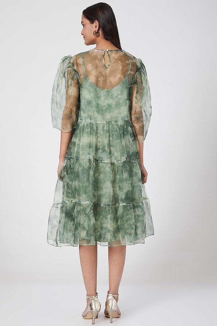 Green Dye Bow Organza Dress With Slip-Siddhartha Bansal