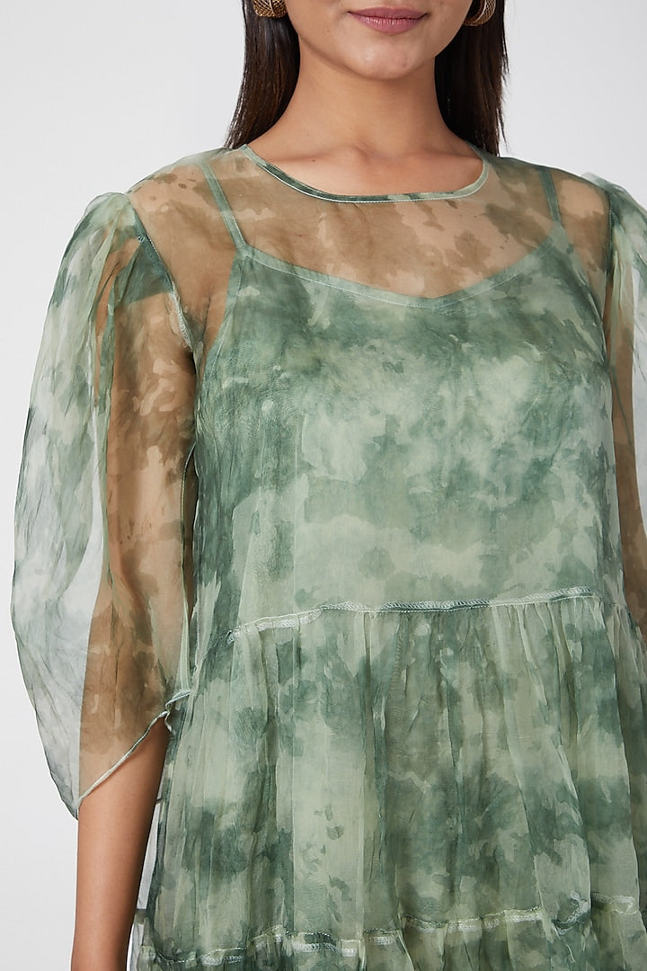 Green Dye Bow Organza Dress With Slip-Siddhartha Bansal