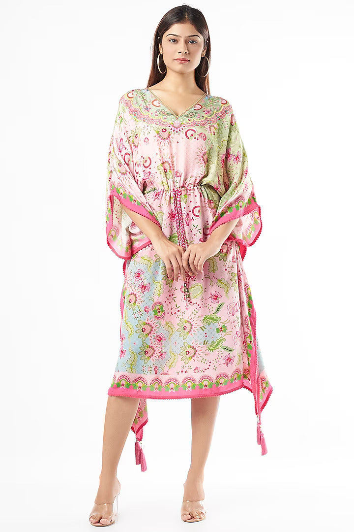 Pixie Pink & Fresh Mint Green Floral Print, Embroidered Kaftan-Siddhartha Bansal