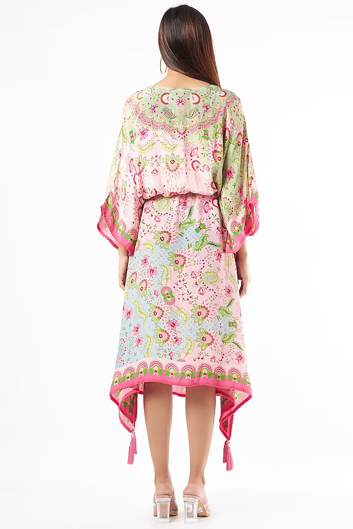 Pixie Pink & Fresh Mint Green Floral Print, Embroidered Kaftan-Siddhartha Bansal