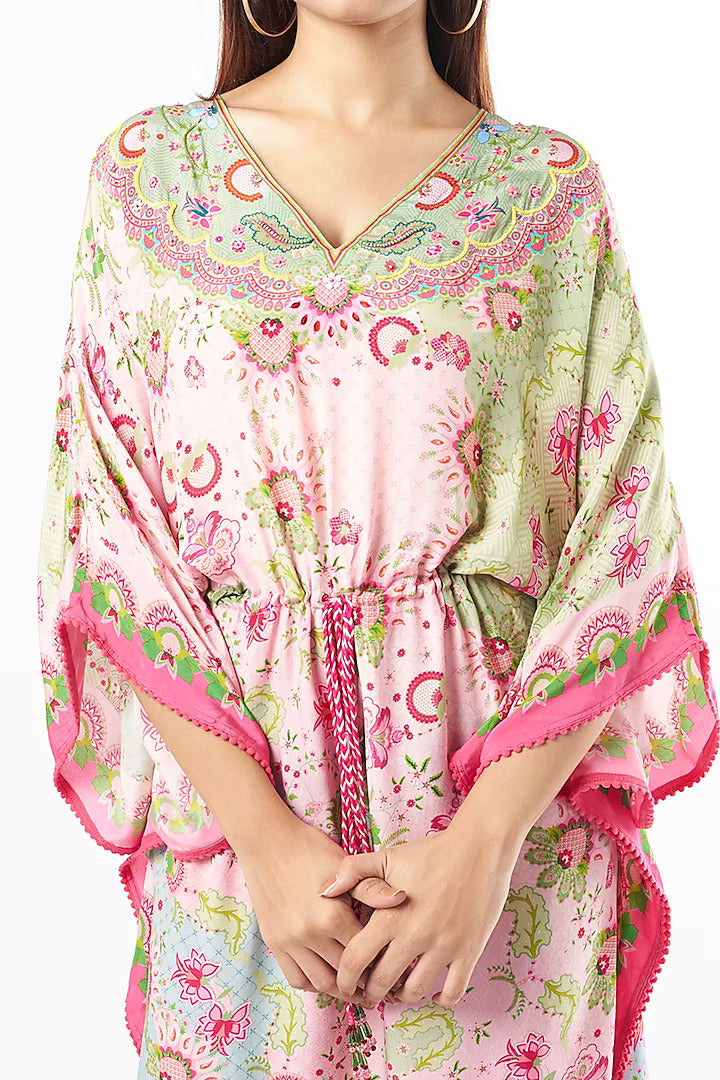Pixie Pink & Fresh Mint Green Floral Print, Embroidered Kaftan-Siddhartha Bansal