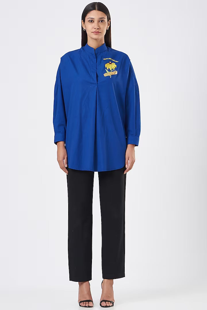 Persian Blue Sunflower Embroidered Oversized Shirt-Siddhartha Bansal