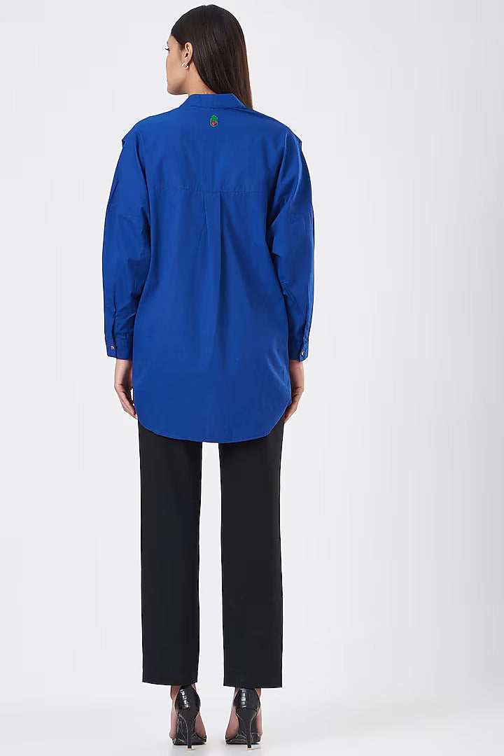 Persian Blue Sunflower Embroidered Oversized Shirt-Siddhartha Bansal