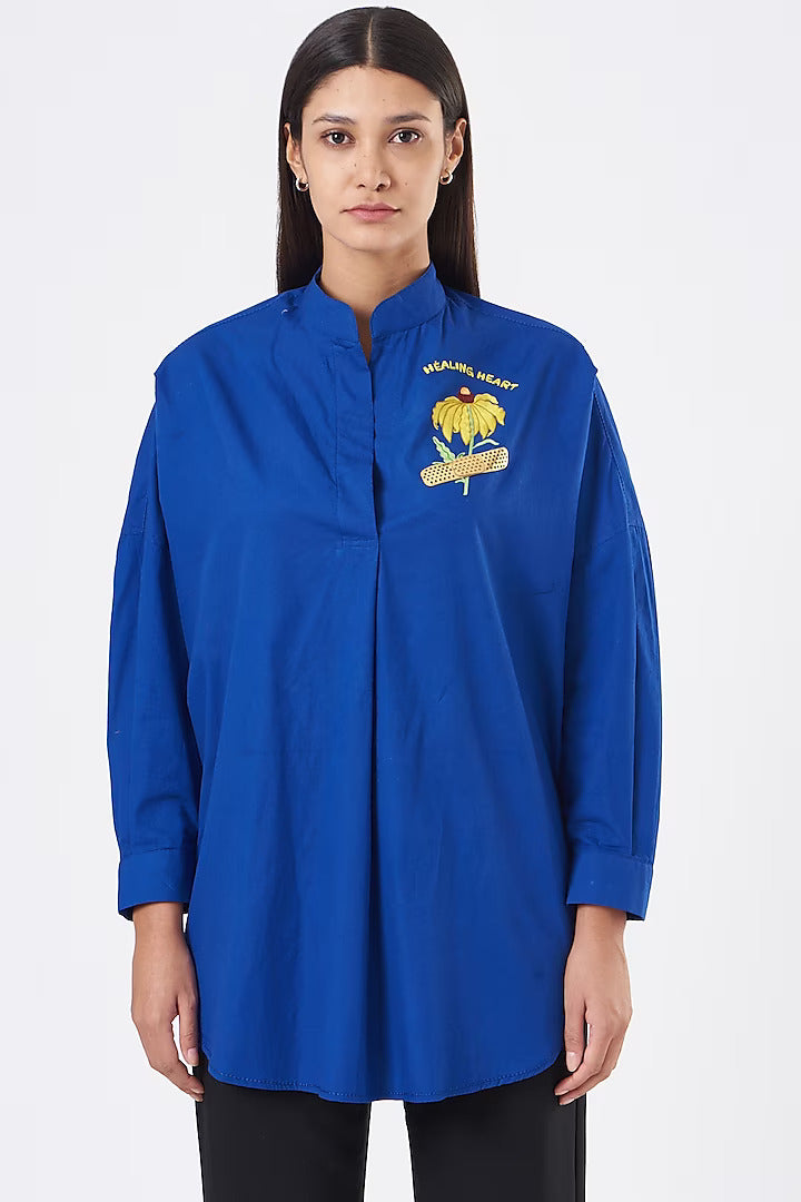 Persian Blue Sunflower Embroidered Oversized Shirt-Siddhartha Bansal