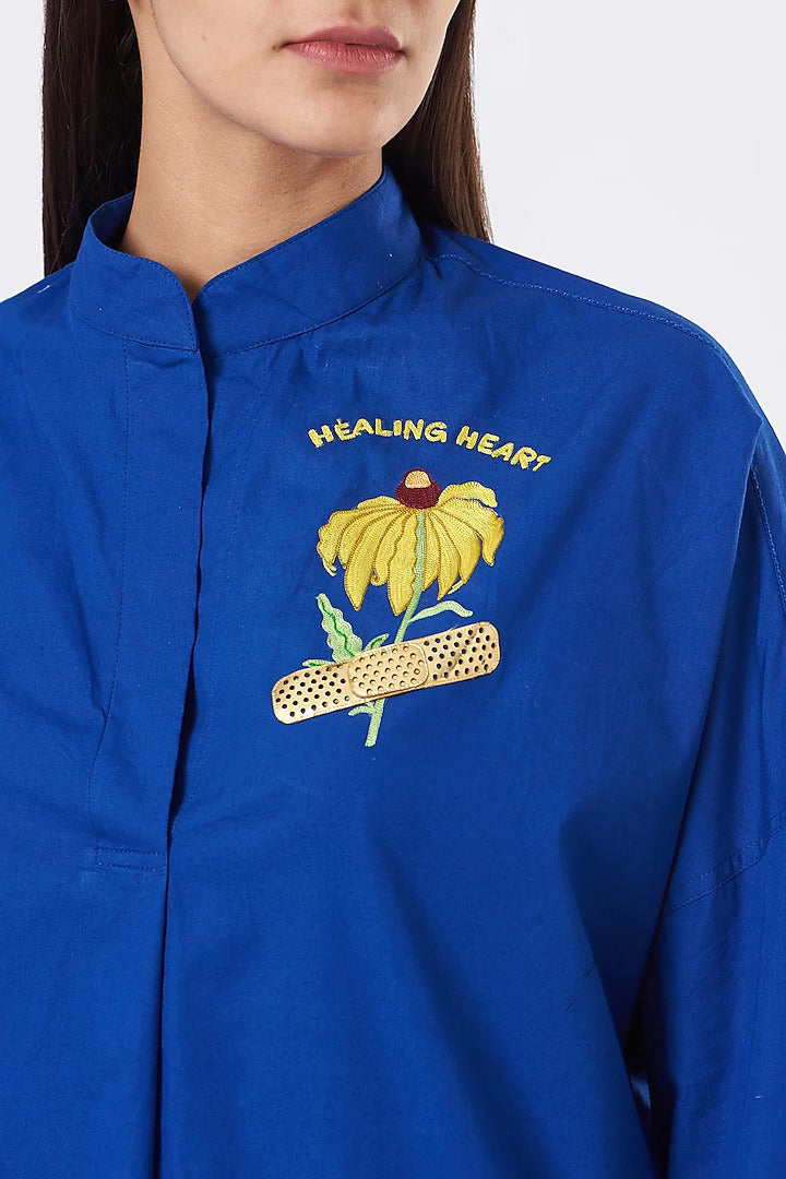 Persian Blue Sunflower Embroidered Oversized Shirt-Siddhartha Bansal