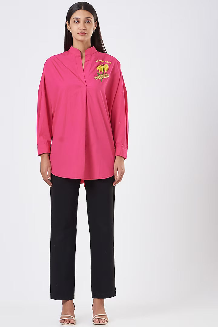 Hot Pink Oversized Sunflower Embroidered Shirt-Siddhartha Bansal