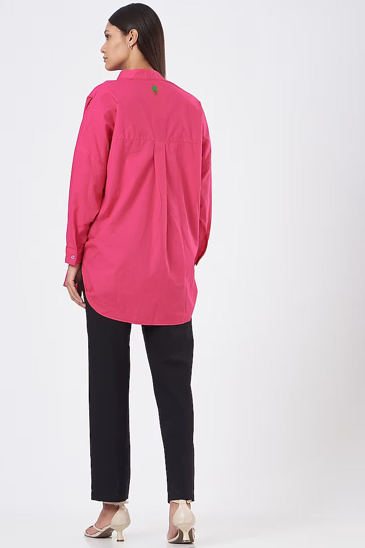 Hot Pink Oversized Sunflower Embroidered Shirt-Siddhartha Bansal