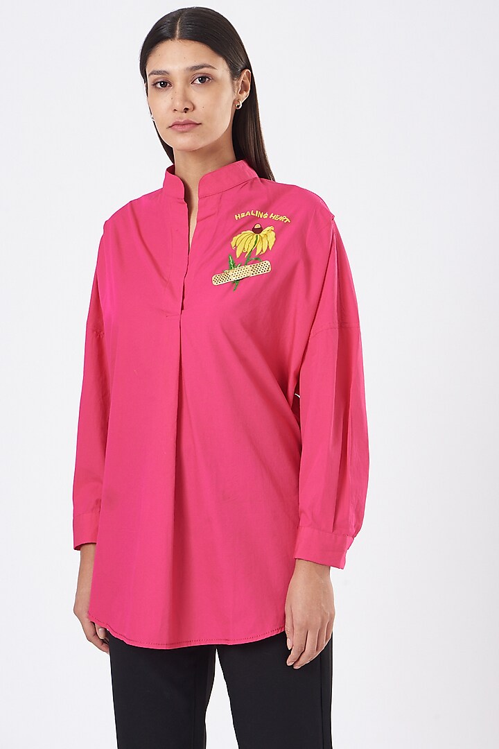 Hot Pink Oversized Sunflower Embroidered Shirt-Siddhartha Bansal