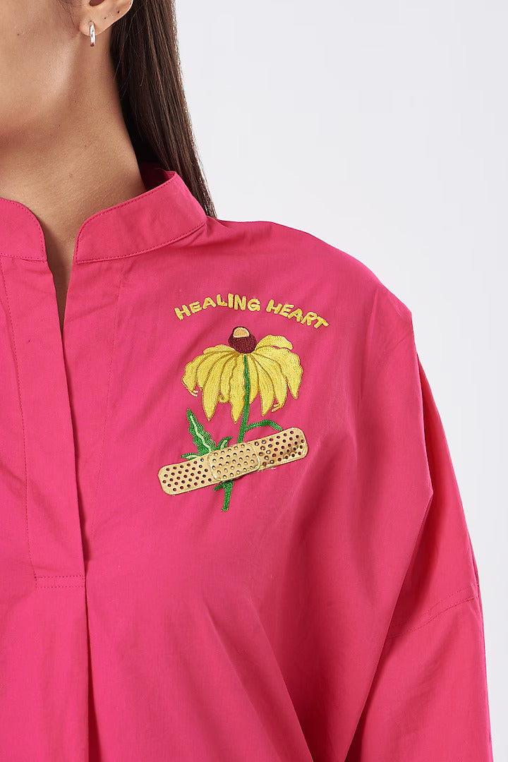 Hot Pink Oversized Sunflower Embroidered Shirt-Siddhartha Bansal