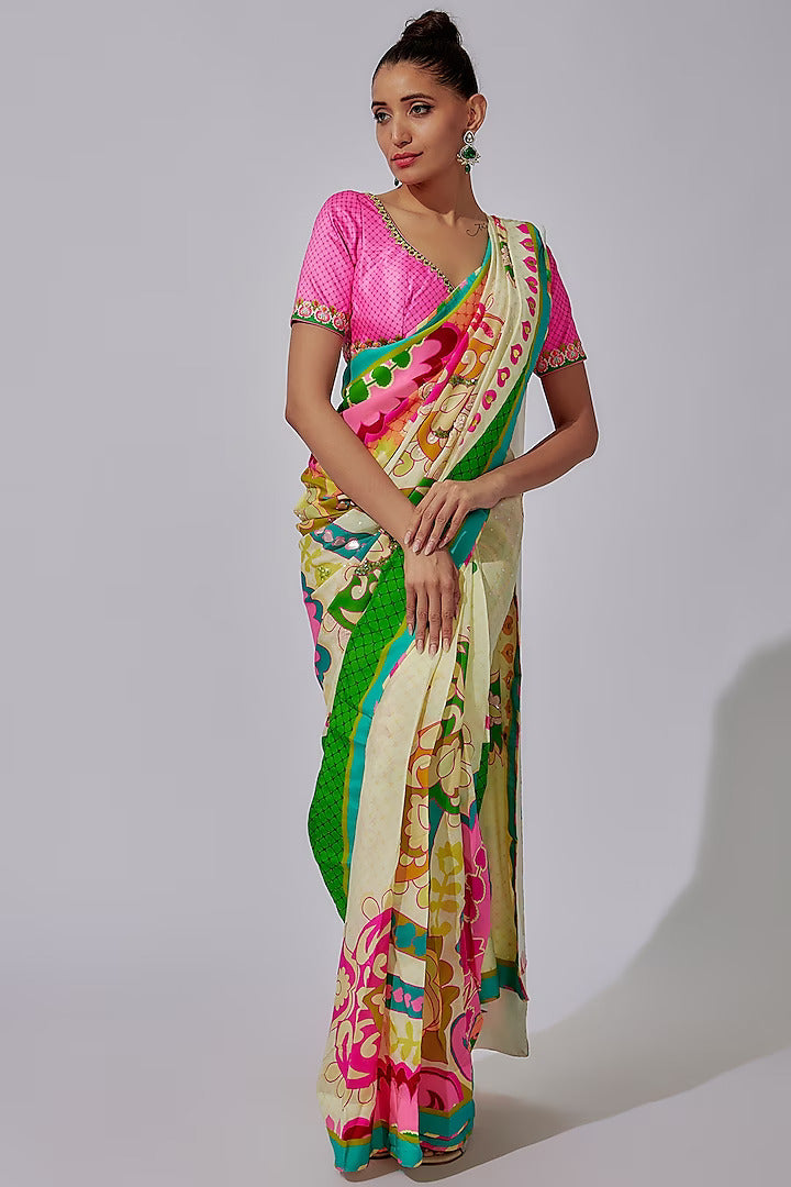Sky Ivory Royal Paisely Hand Embroidery Saree And Contasting Border Paired With Pink Embroidered Blouse-Siddhartha Bansal
