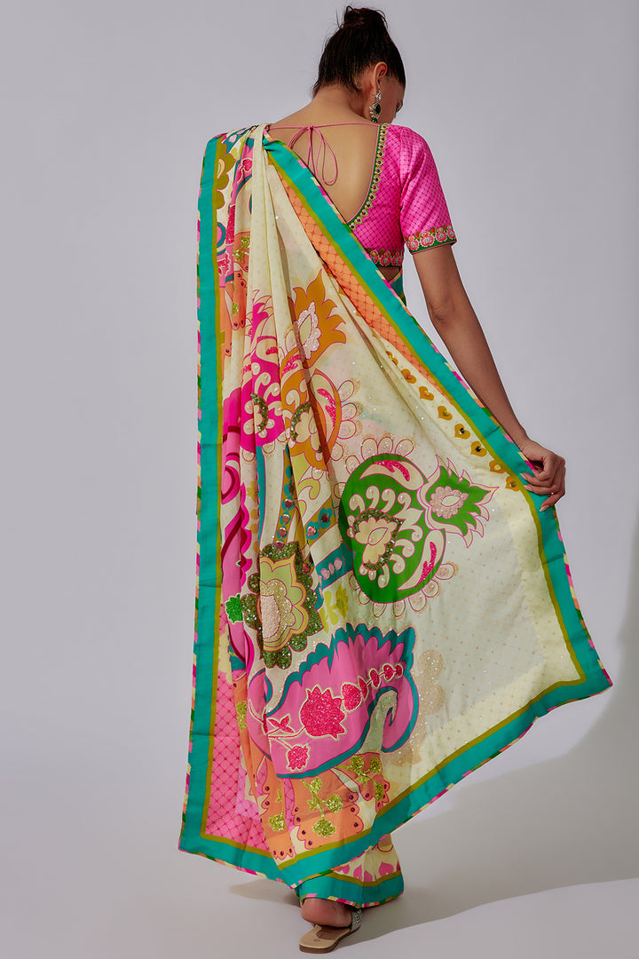 Sky Ivory Royal Paisely Hand Embroidery Saree And Contasting Border Paired With Pink Embroidered Blouse-Siddhartha Bansal