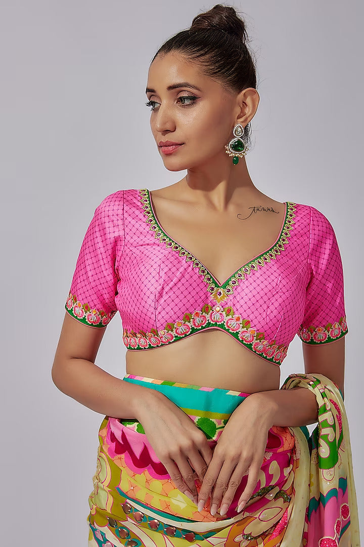 Sky Ivory Royal Paisely Hand Embroidery Saree And Contasting Border Paired With Pink Embroidered Blouse-Siddhartha Bansal