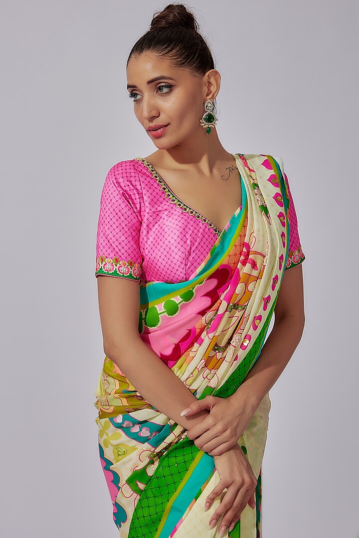 Sky Ivory Royal Paisely Hand Embroidery Saree And Contasting Border Paired With Pink Embroidered Blouse-Siddhartha Bansal