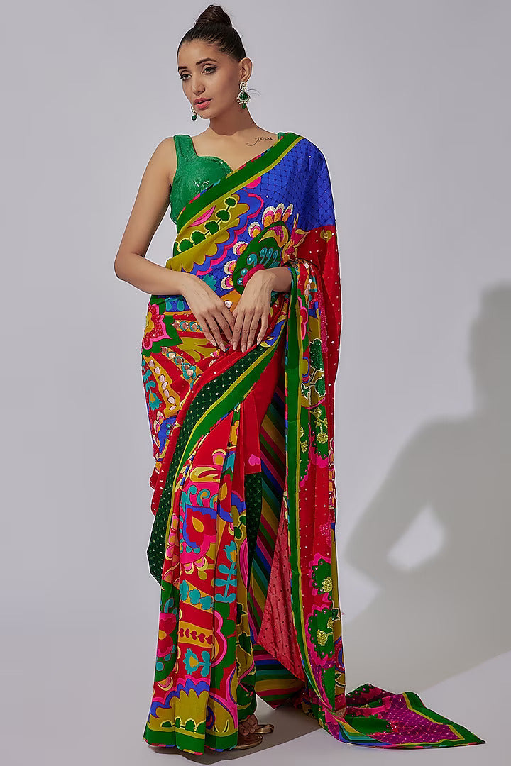 Royal Paisley Oversized Sb Signature Print, Hand Embroidered Salsa Red & Emerald Green Color Block Saree Paired With Green Sequin Blouse-Siddhartha Bansal
