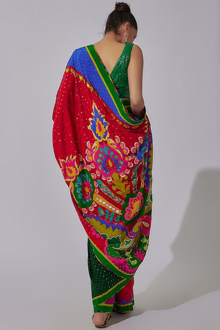 Royal Paisley Oversized Sb Signature Print, Hand Embroidered Salsa Red & Emerald Green Color Block Saree Paired With Green Sequin Blouse-Siddhartha Bansal