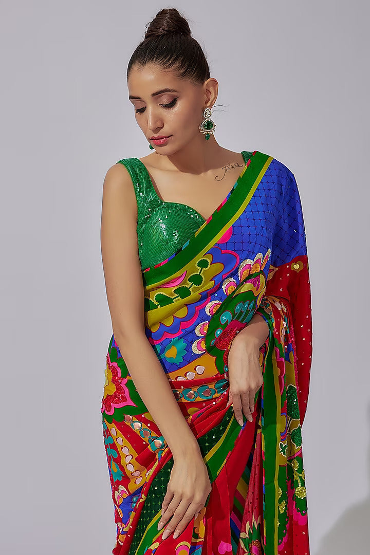 Royal Paisley Oversized Sb Signature Print, Hand Embroidered Salsa Red & Emerald Green Color Block Saree Paired With Green Sequin Blouse-Siddhartha Bansal