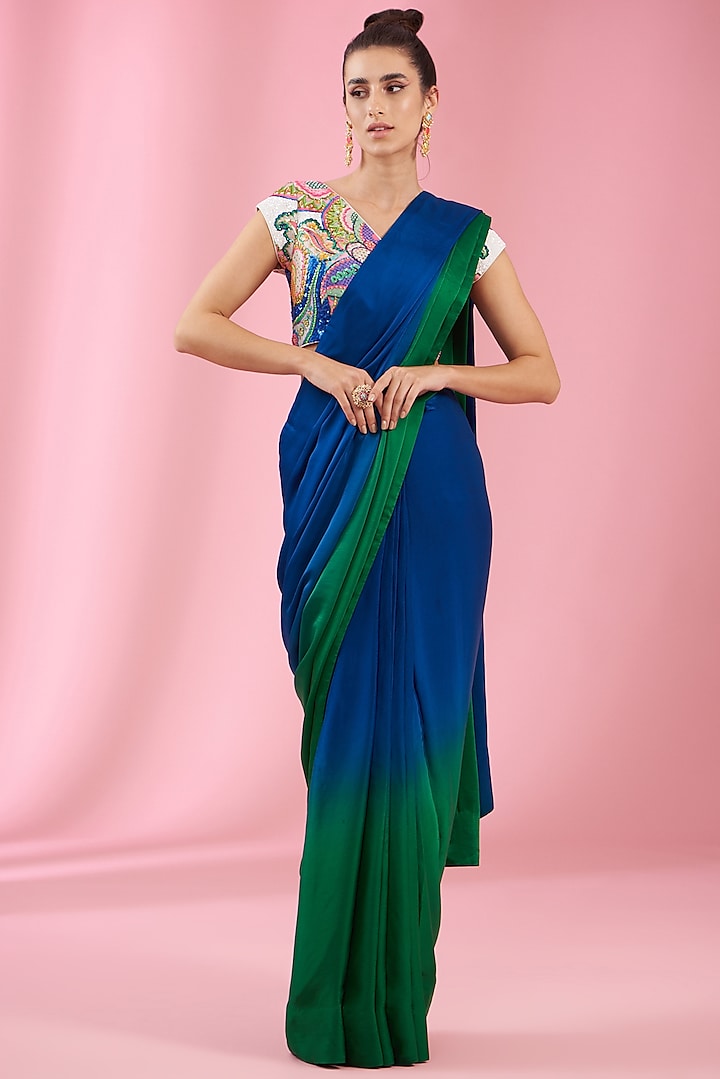 Butterfly Hand Embroidered, Patch Work Blouse With Blue And Emerald Ombre Saree-Siddhartha Bansal