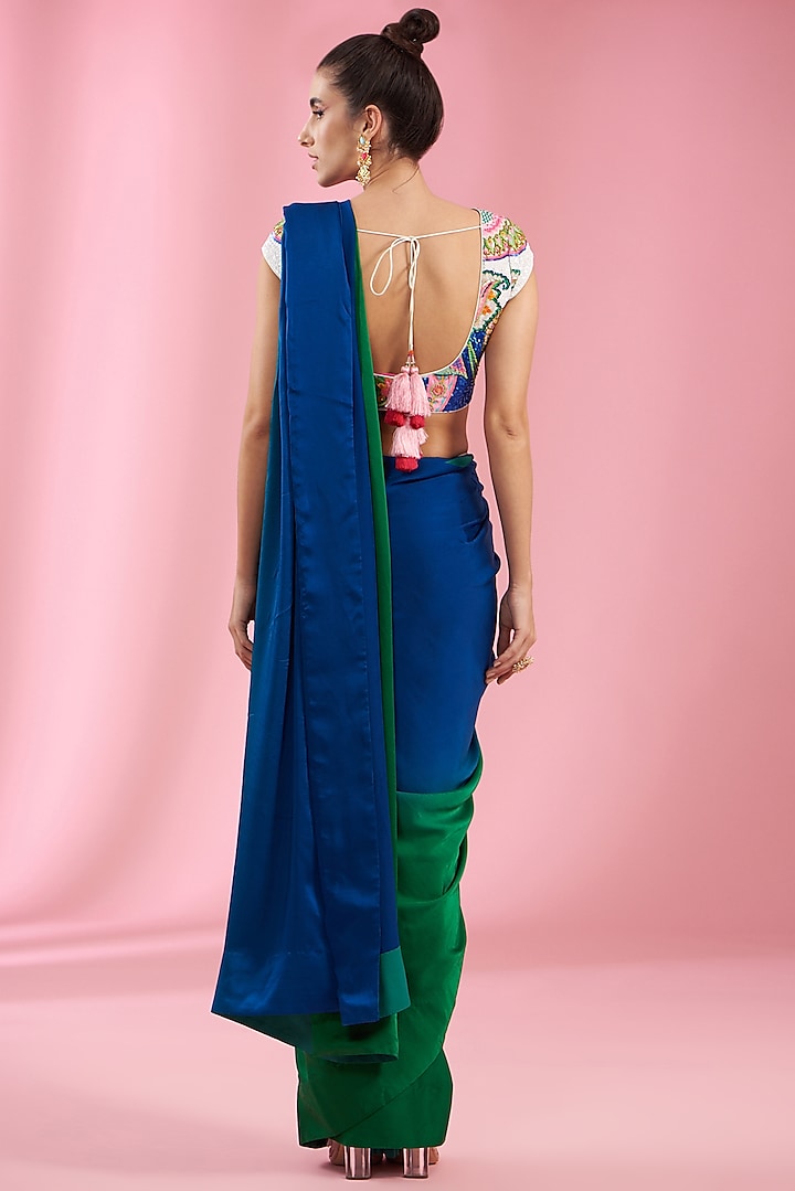 Butterfly Hand Embroidered, Patch Work Blouse With Blue And Emerald Ombre Saree-Siddhartha Bansal