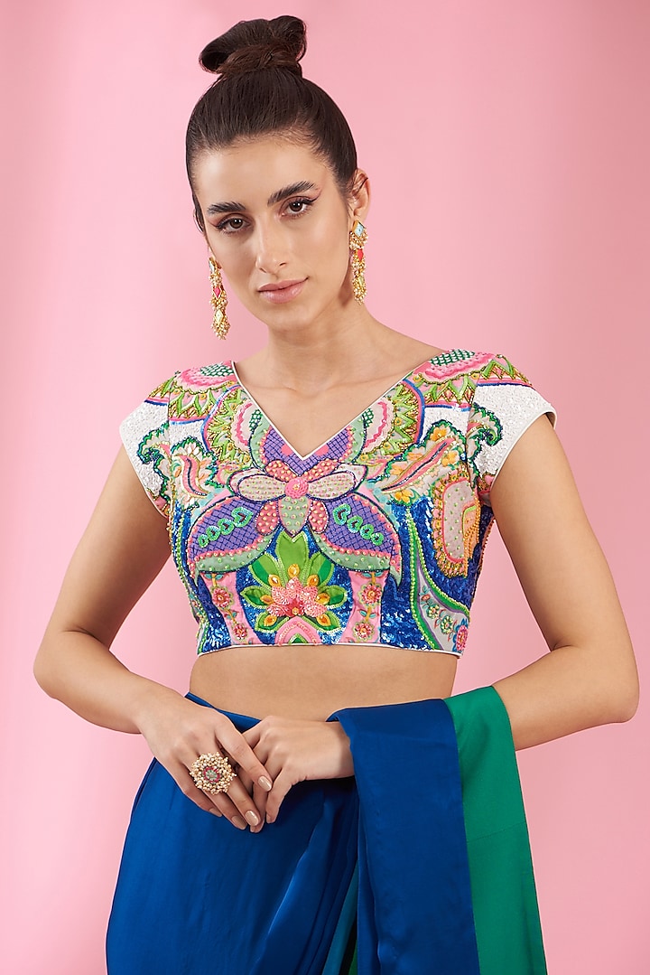 Butterfly Hand Embroidered, Patch Work Blouse With Blue And Emerald Ombre Saree-Siddhartha Bansal