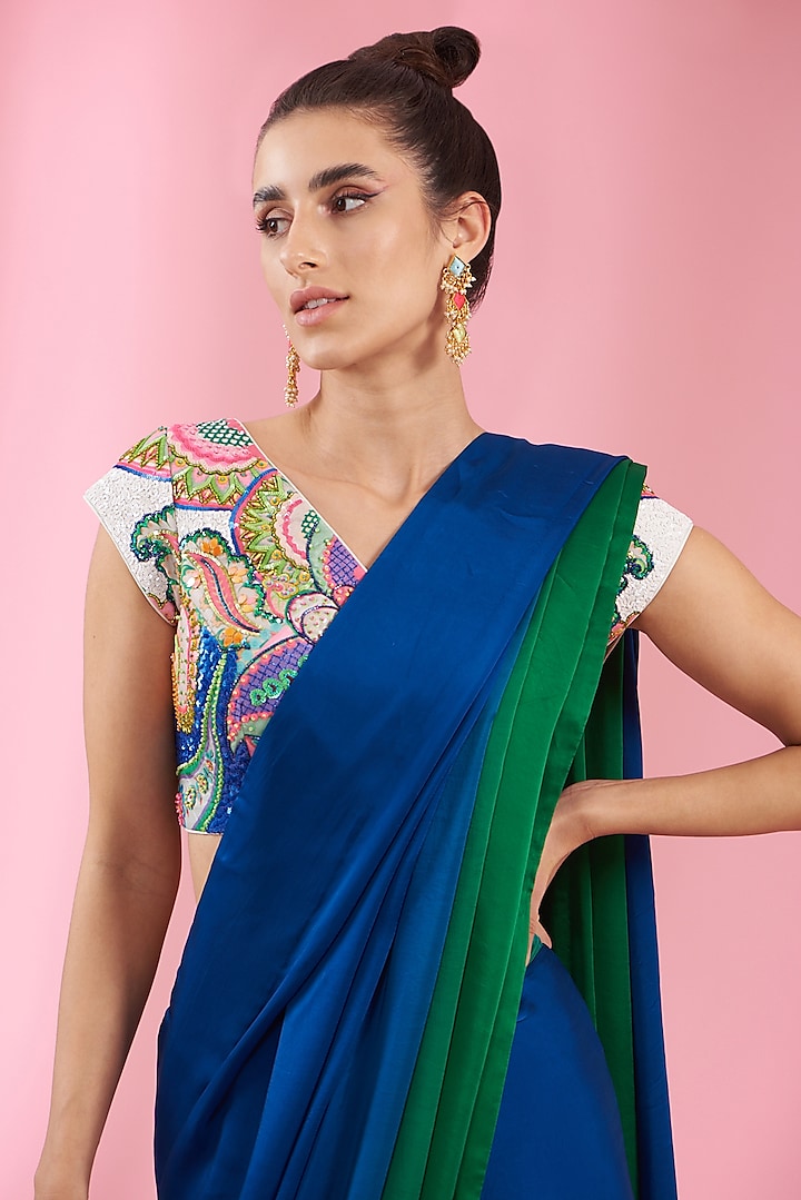 Butterfly Hand Embroidered, Patch Work Blouse With Blue And Emerald Ombre Saree-Siddhartha Bansal