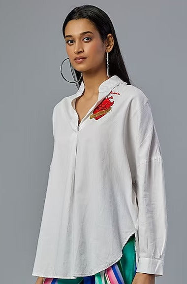 White Healing Heart Embroidered Oversized Shirt-Siddhartha Bansal