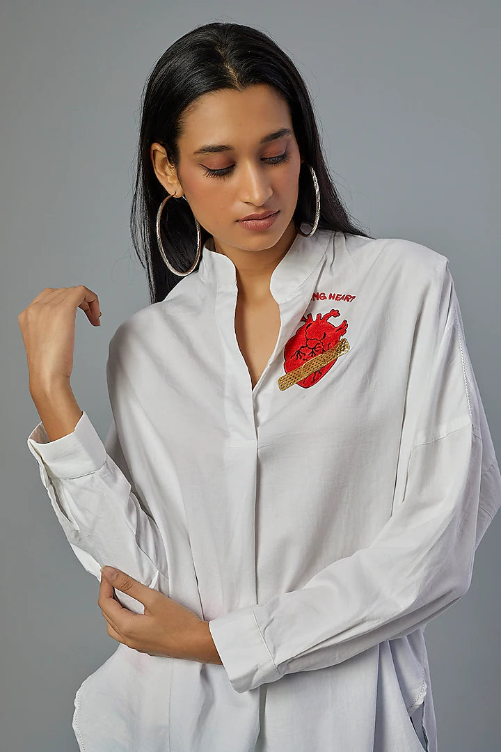 White Healing Heart Embroidered Oversized Shirt-Siddhartha Bansal