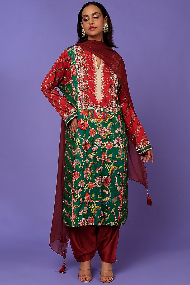 Maroon And Green Kurta With Maroon Salwar And Chiffon Dupatta-Siddhartha Bansal