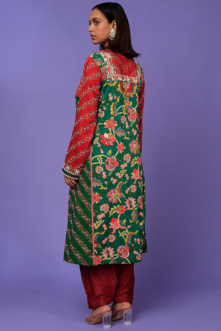 Maroon And Green Kurta With Maroon Salwar And Chiffon Dupatta-Siddhartha Bansal