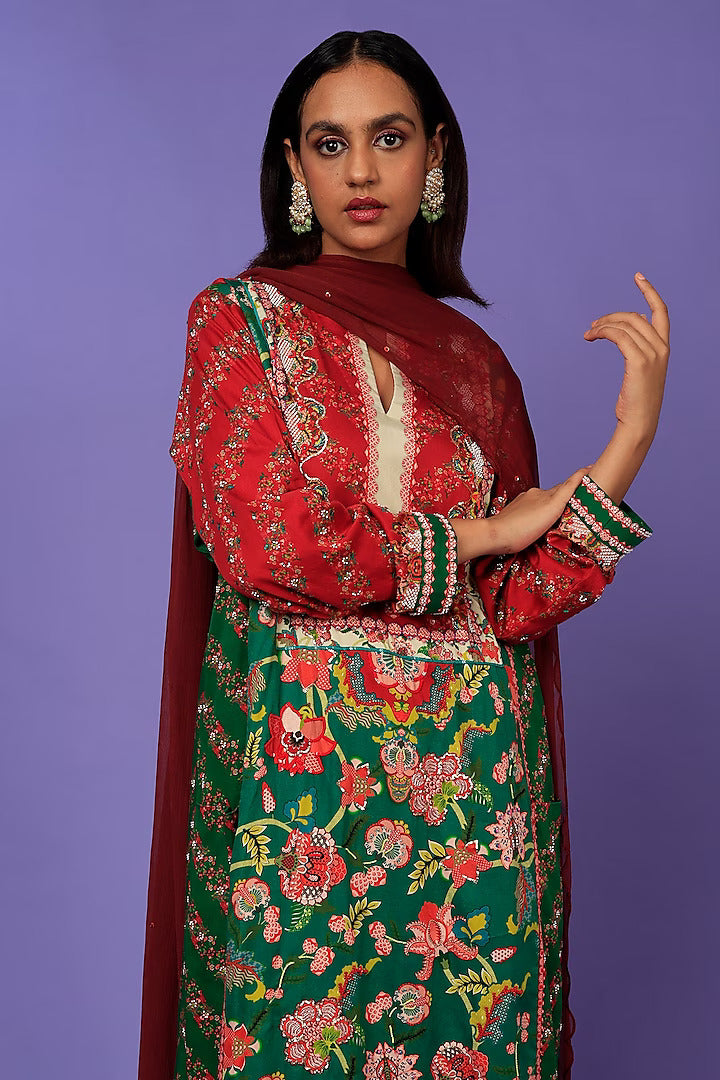 Maroon And Green Kurta With Maroon Salwar And Chiffon Dupatta-Siddhartha Bansal