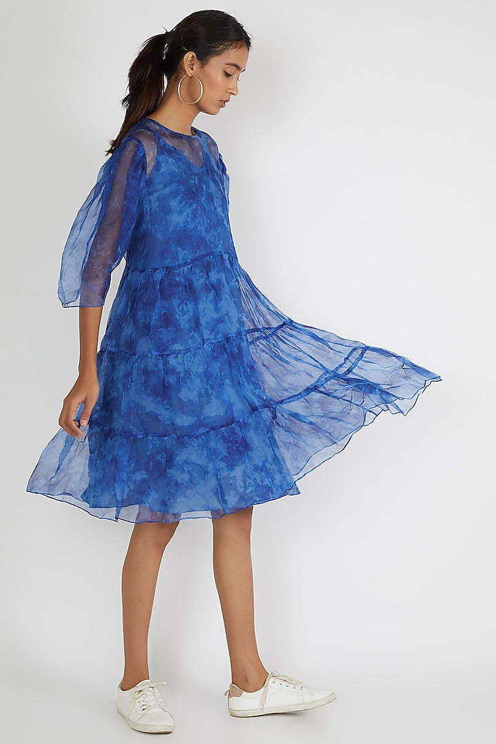 Blue Tie Dye Organza Dress With Slip M