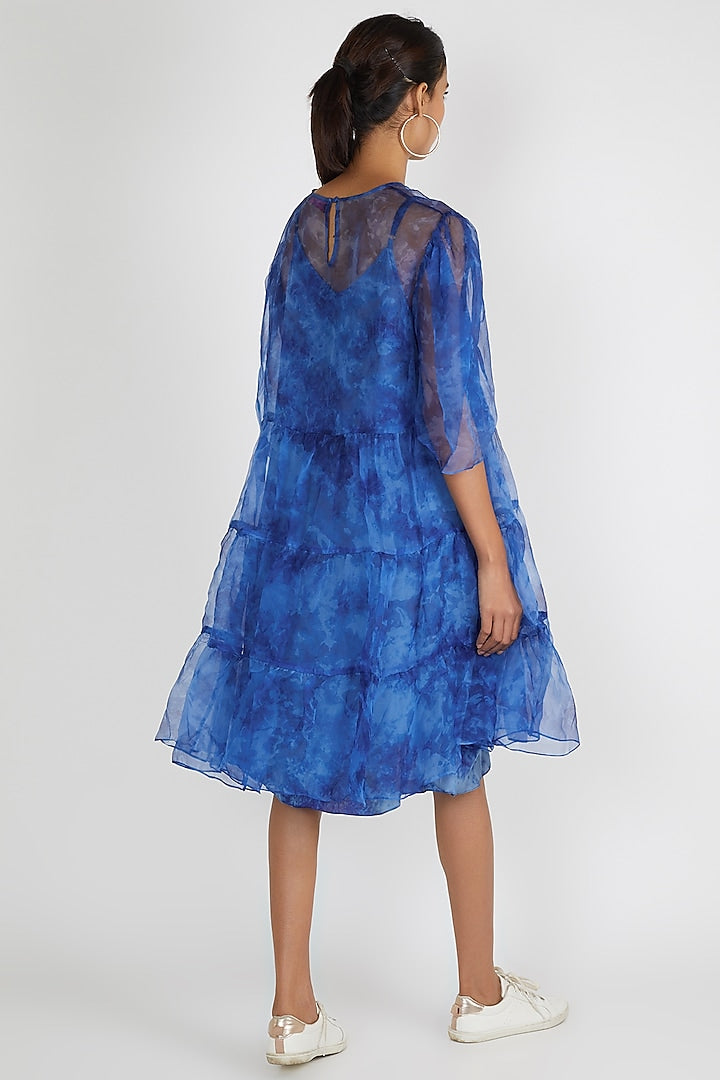 Blue Tie Dye Organza Dress With Slip-Siddhartha Bansal