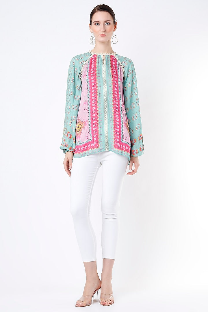 Embroidered Raglan Scarf Print Top-Tops-Siddhartha Bansal