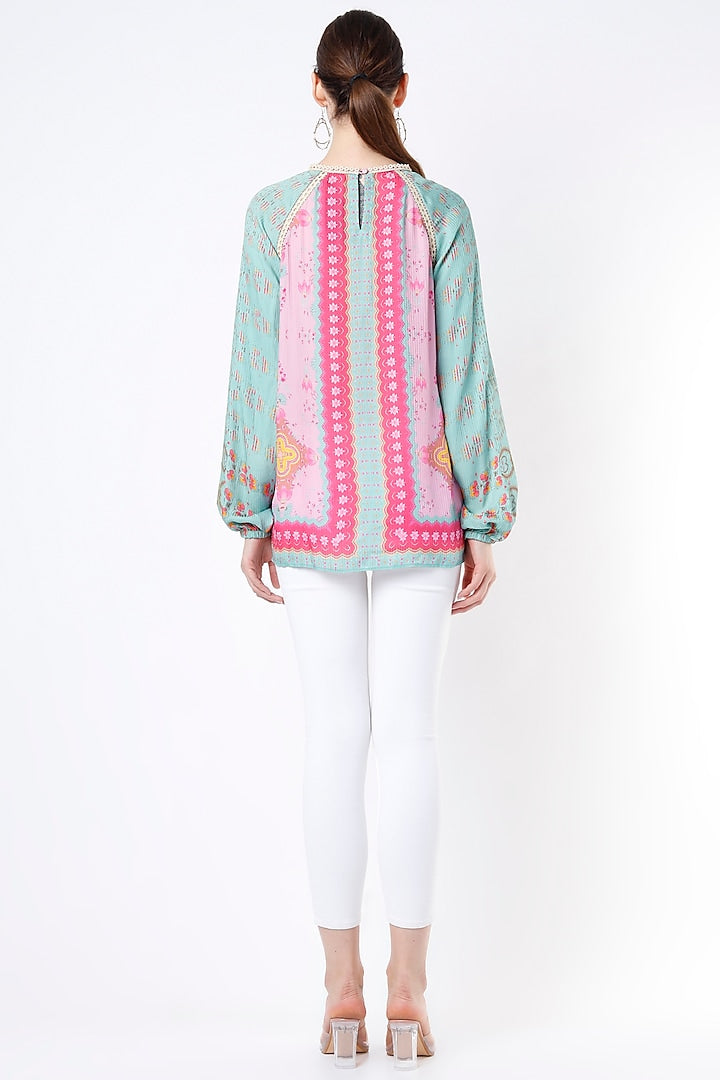 Embroidered Raglan Scarf Print Top-Tops-Siddhartha Bansal