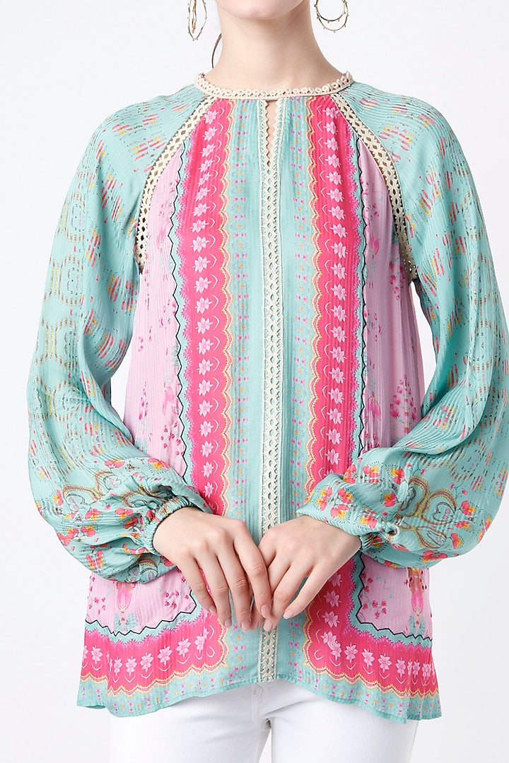 Embroidered Raglan Scarf Print Top-Tops-Siddhartha Bansal